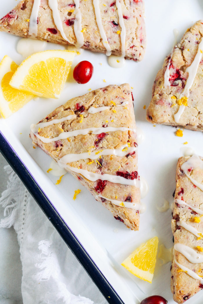 Gluten-free Cranberry Orange Scones- made with fresh cranberries and fragrant orange zest, these naturally sweetened vegan scones are bursting with flavor!