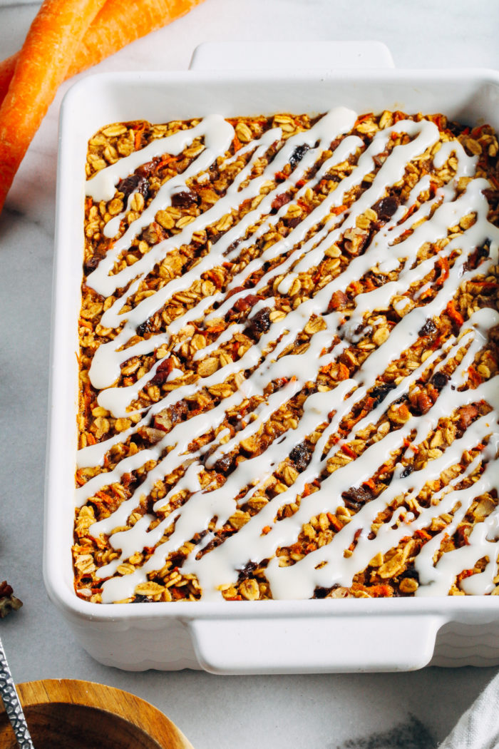Carrot Cake Baked Oatmeal- a nutritious option for breakfast or brunch that's easy to make and tastes just like carrot cake! (gluten-free + oil-free with vegan option)
