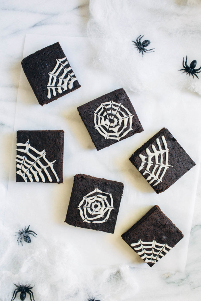 Grain-free Spider Web Brownies- made with paleo-friendly boxed brownie mix, this festive dessert is easy to make and perfect for everyone to enjoy!