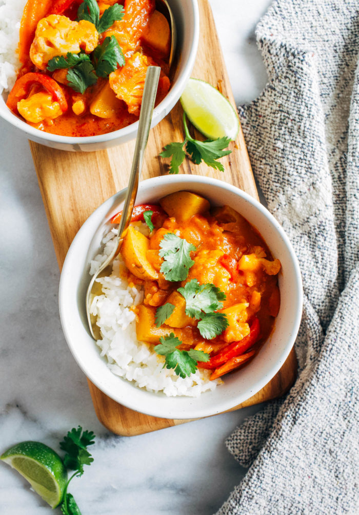 Vegan Thai Pumpkin Curry- made in one-pot, this veggie packed curry is a great way to use up left over pumpkin puree. Served with rice and/or tofu, it's the perfect comforting vegan meal!