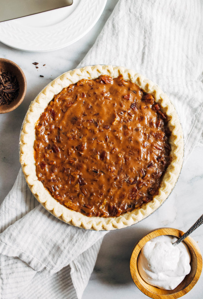 Vegan Chocolate Pecan Pie- made with a no-bake filling, this pie combines the best of two classic pies without dairy or eggs!
