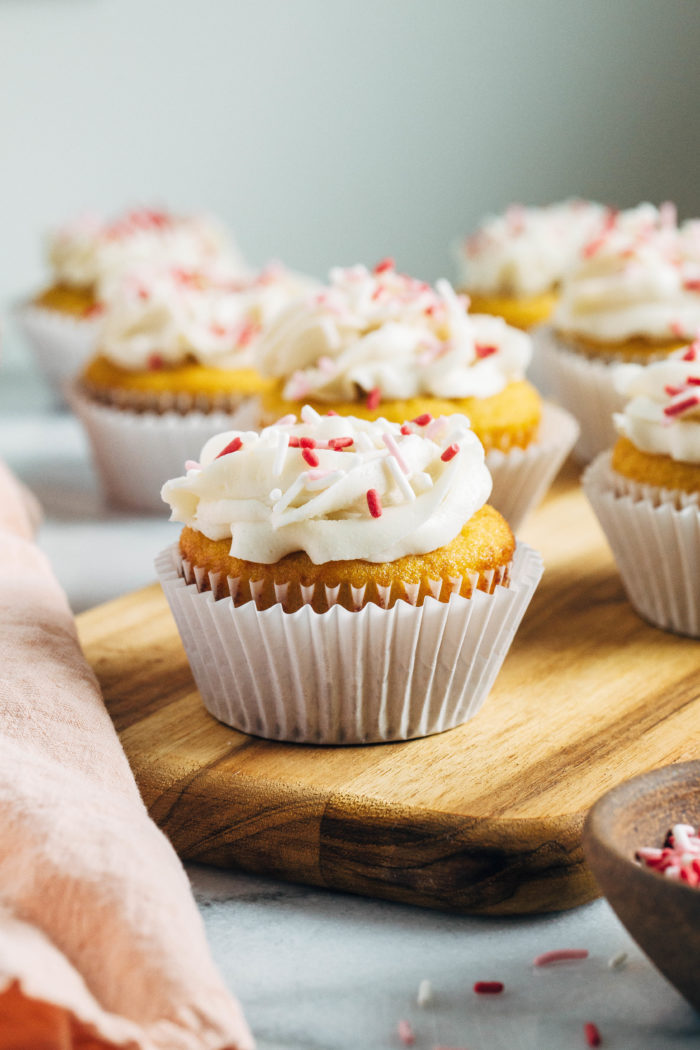 Vanilla Coconut Flour Cupcakes- made with just 8 ingredients, these grain-free cupcakes come together super fast and easy! (gluten-free and dairy-free)
