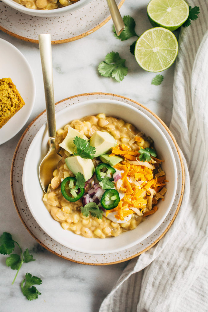 Vegan White Bean Chili- made with just 10 ingredients, this plant-based chili comes together in less than 30 minutes and is packed with flavor!