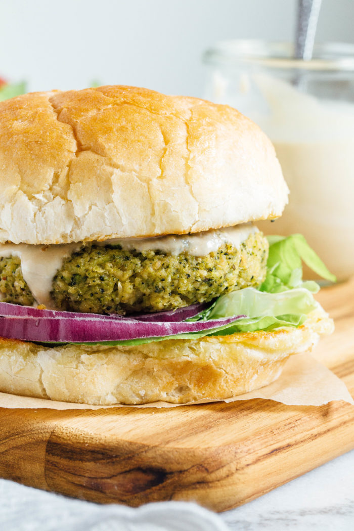 Vegan White Bean Broccoli Burgers- made with mostly pantry ingredients, these plant-based burgers are bursting with flavor and have great texture too. Each burger has 7 grams of protein! (gluten-free)