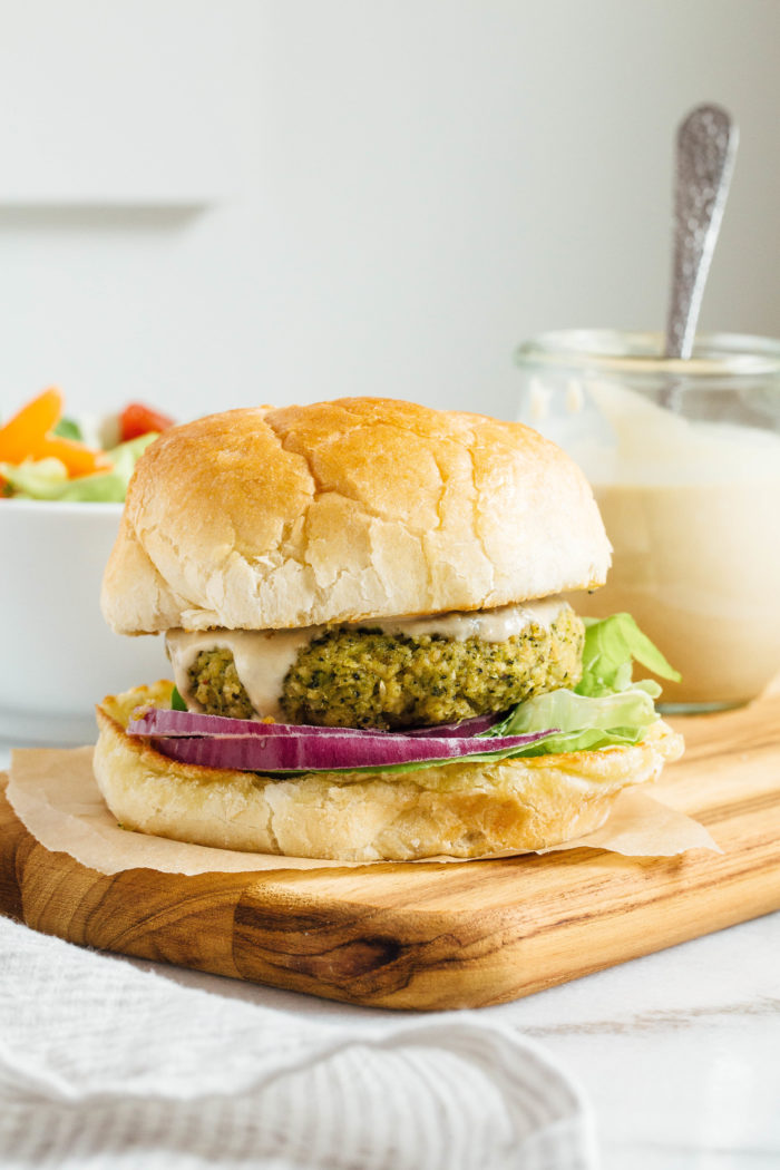 Vegan White Bean Broccoli Burgers- made with mostly pantry ingredients, these plant-based burgers are bursting with flavor and have great texture too! (gluten-free)