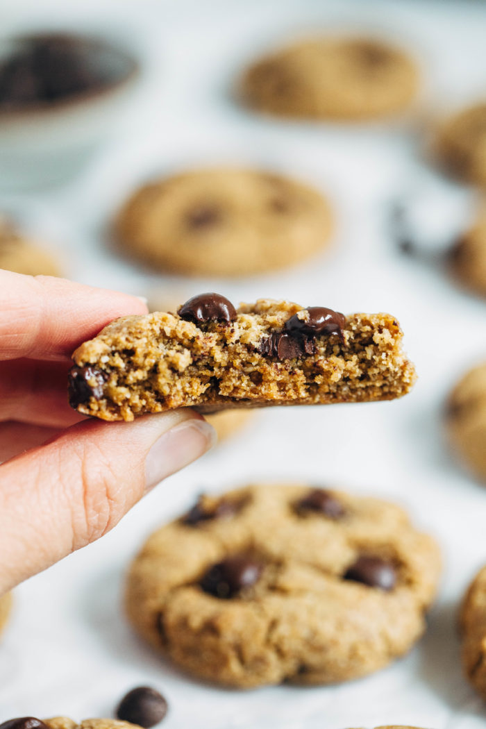 The Best Vegan Tahini Chocolate Chip Cookies- Made in one bowl, these cookies have a delightful chewy texture with a hint of tahini flavor. No one will believe they are vegan and gluten-free!