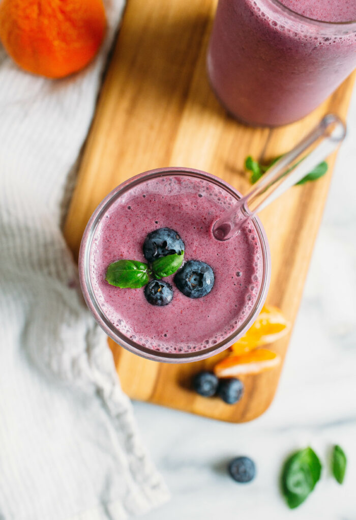 Refreshing Blueberry Basil Smoothie- Made with just 5 ingredients, this blueberry basil smoothie is the perfect way to cool off on a hot summer day! (plant-based)