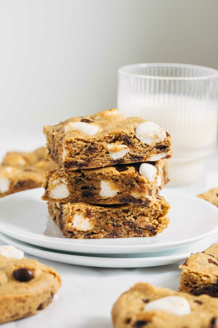 Vegan S'more Blondies- made with a combo of oat and almond flour, these vegan blondies are made in just one bowl. Not only are they nutritious but they also have the best fudgy texture!