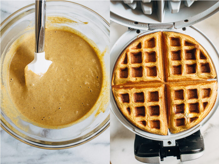 Pumpkin Protein Waffles- made with pumpkin puree and fall spices, each waffle packs 16 grams of protein and 3 milligrams of iron. Perfect to prep ahead for busy mornings! (dairy-free with GF option)
