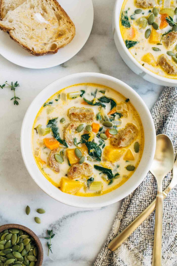 Creamy Butternut Squash and Sausage Soup- made in one-pot with wholesome veggies and meatless protein-packed sausage, this soup is satisfying and full of flavor. (vegan + grain-free)