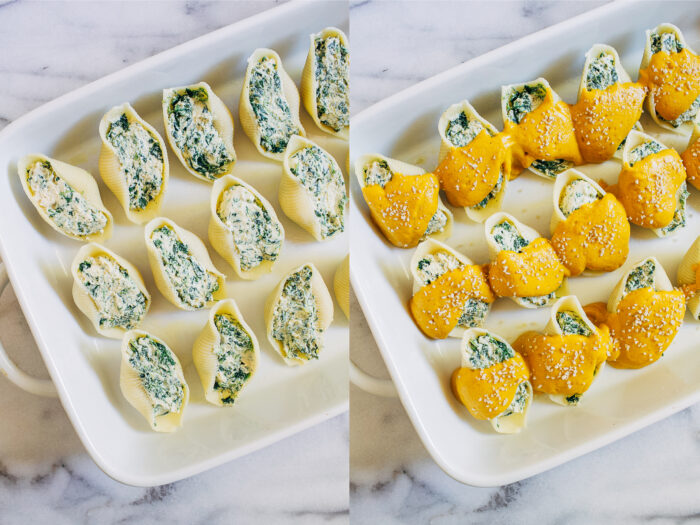 Vegan Pumpkin Stuffed Shells- stuffed with dairy-free ricotta and a flavorful creamy pumpkin sauce, these stuffed shells are sure to be the star of the show. Perfect to prep ahead for holiday gatherings!