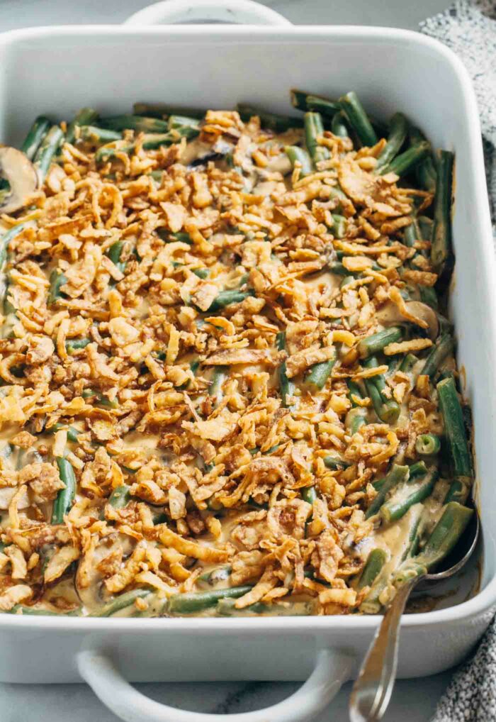 The Best Vegan Green Bean Casserole- made with a rich and creamy sauce that is secretly dairy-free, no one would this green bean casserole is actually plant-based! (gluten-free)