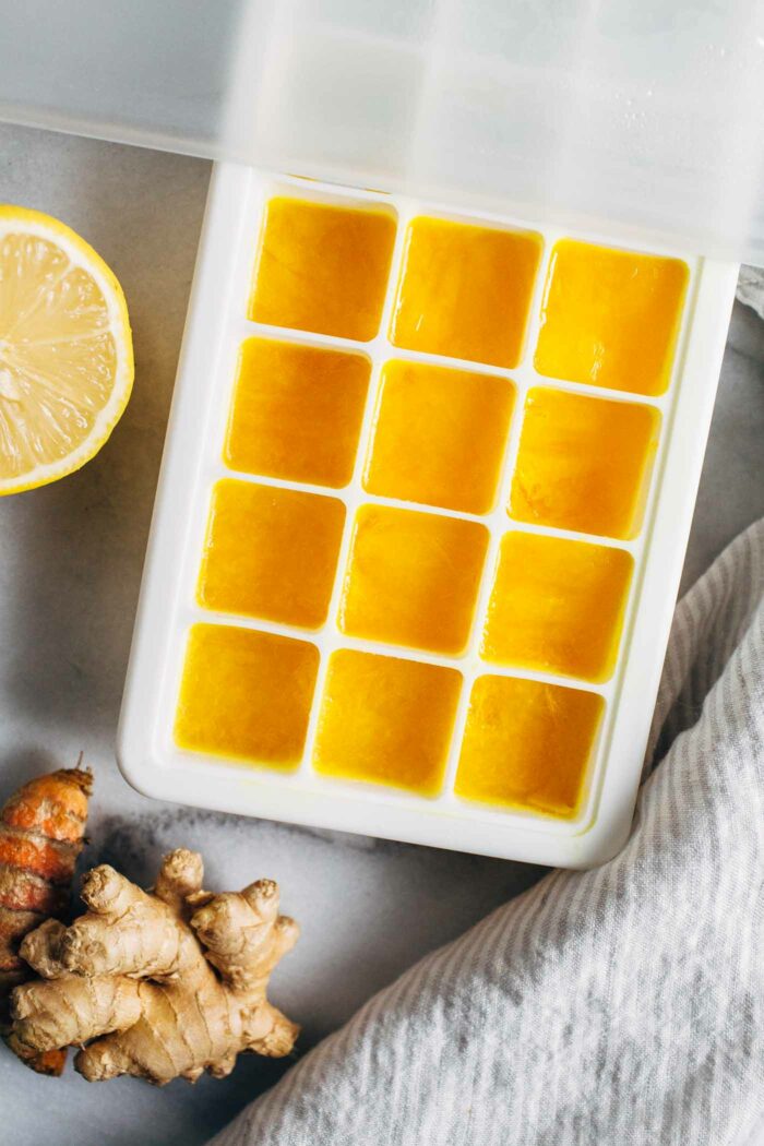Immune-Boosting Lemon Ginger and Turmeric Cubes- made with just 3-ingredients, these cubes are perfect to prep and have on hand for a healthy morning boost of antioxidants! 
