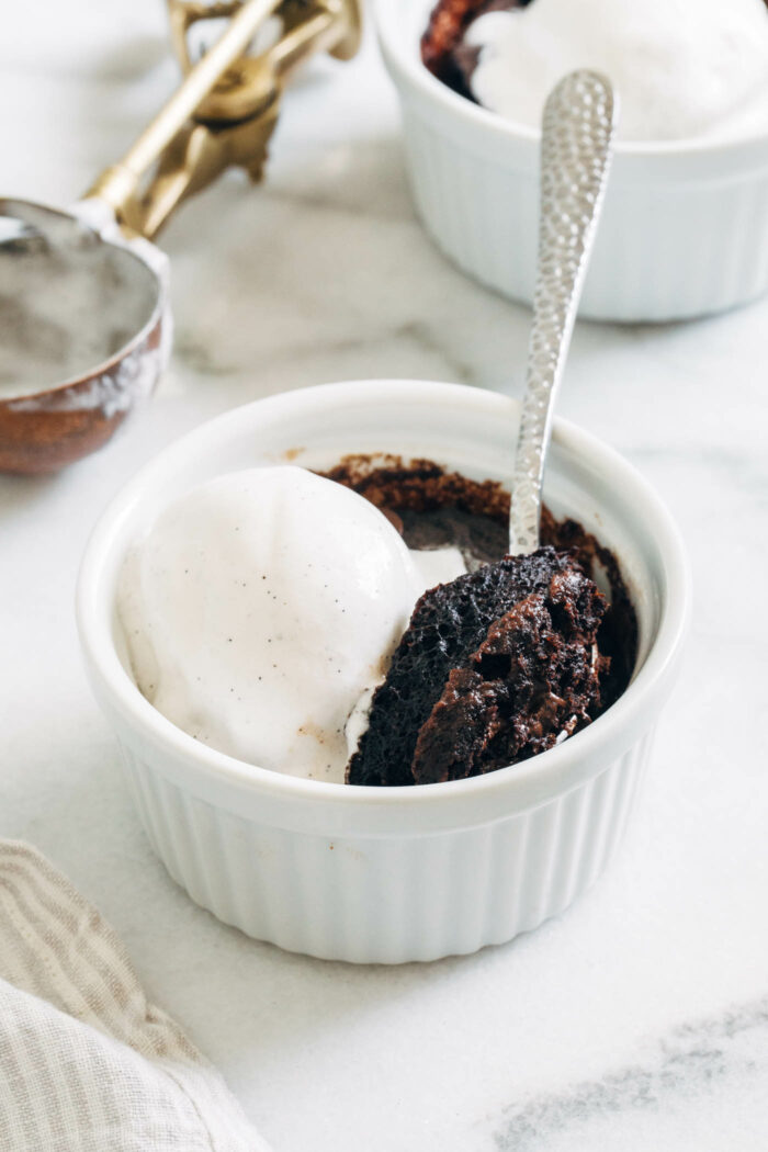 Made with pantry ingredients, this vegan chocolate protein mug cake comes together in just 5 minutes! Each serving packs 13g of plant-based protein.