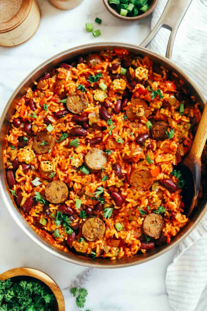 One-Pot Vegan Jambalaya- Inspired by the classic Louisiana recipe, this plant-based version is easy to make and packed with flavor. 24g of protein per serving!