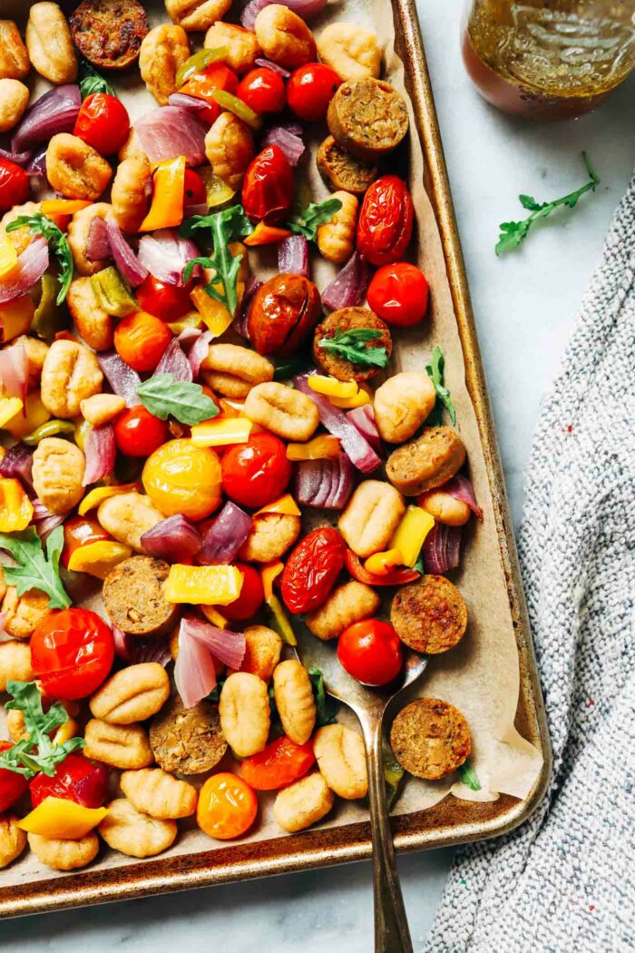 Sheet Pan Gnocchi with Sausage and Peppers- Easy to prep and nearly zero clean-up, this flavorful sheet pan meal packs 28g of protein per serving! (vegan + gluten-free)