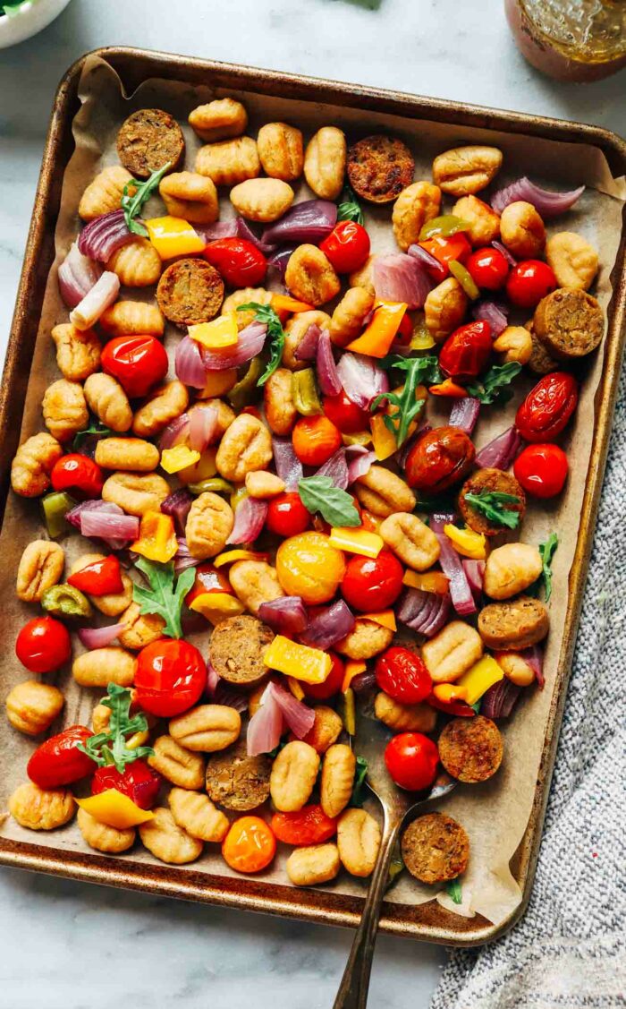 Sheet Pan Gnocchi with Sausage and Peppers- Easy to prep and nearly zero clean-up, this flavorful sheet pan meal packs 28g of protein per serving! (vegan + gluten-free)