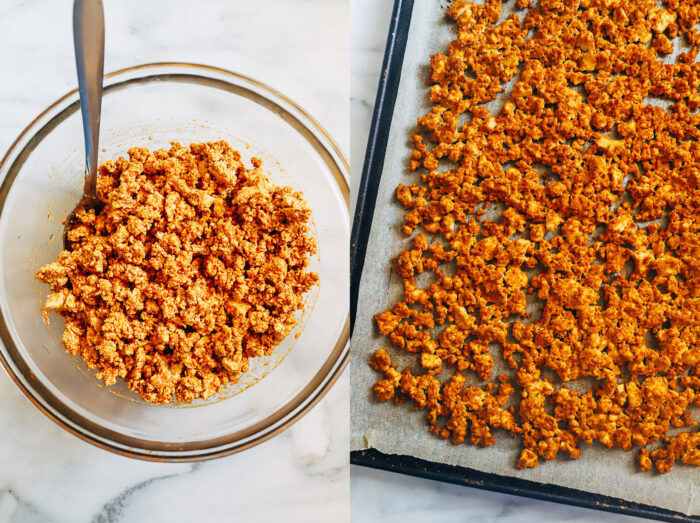 Easy Tofu Ground Beef Crumbles- forget buying expensive processed faux meat, these tofu ground beef crumbles are made with whole food pantry ingredients and are super simple to prepare. Each serving packs 21g of complete plant-based protein! 