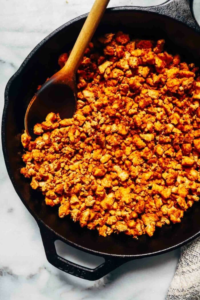Easy Tofu Ground Beef Crumbles- forget buying expensive processed faux meat, these tofu ground beef crumbles are made with whole food pantry ingredients and are super simple to prepare. Each serving packs 21g of complete plant-based protein! 