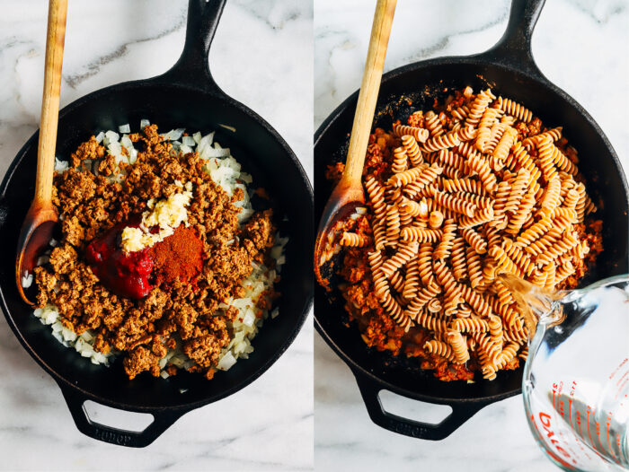 Easy Vegan Hamburger Helper- inspired by the beloved boxed meal, this plant-based version features meatless crumbles and a dairy-free cheese sauce that everyone will love. Each serving packs 28g of protein!