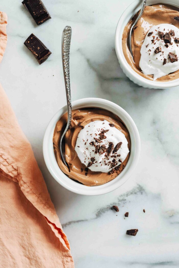 5-Ingredient Chocolate Protein Pudding- made with simple ingredients, this protein pudding only takes 15 minutes to make and each serving packs 17g of protein! (vegan, gluten-free + soy-free option)
