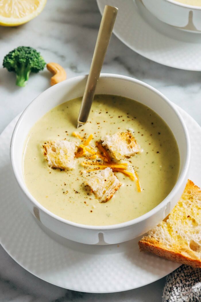 Broccoli White Bean Soup- easy to make and packed with nutrition, each bowl serves up 15 grams of plant-based protein! (vegan + gluten-free)