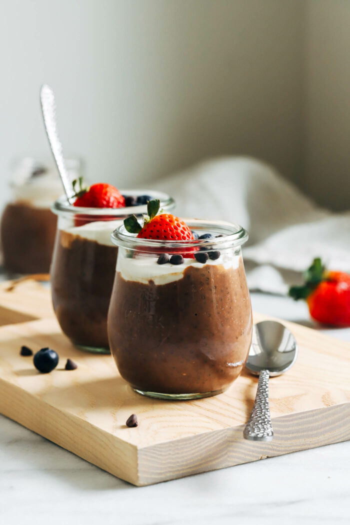 Easy Chocolate Chia Seed Protein Pudding- made with just 5-ingredients, each serving provides 18 grams of protein! Perfect for a healthy breakfast or snack.