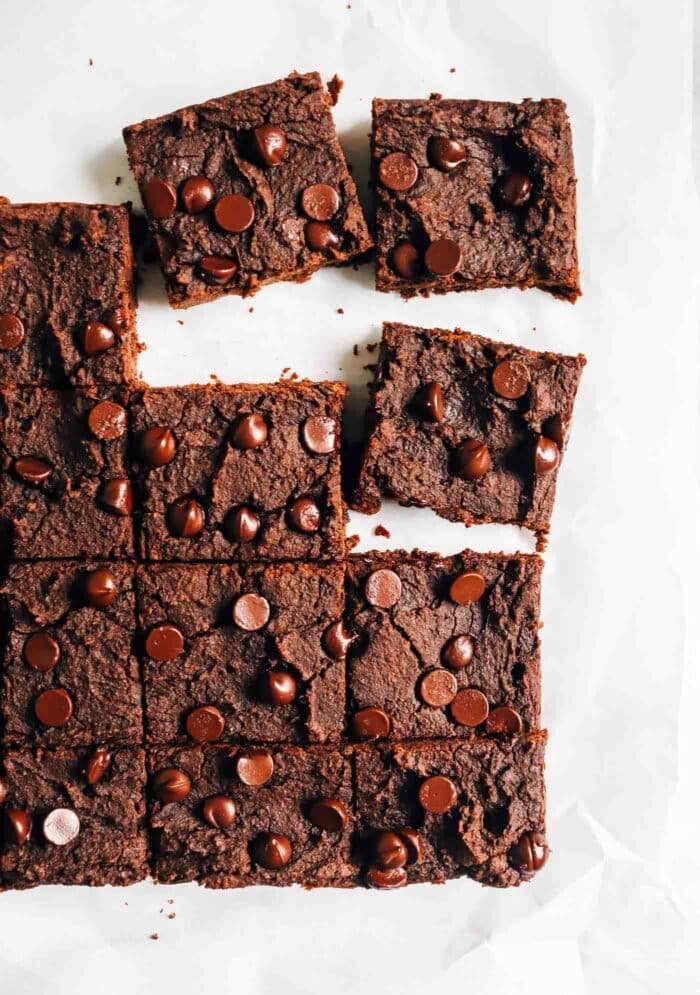 Chocolate Protein Chickpea Brownies- made with less than 10-ingredients, each brownie packs 5 grams of protein! (vegan, gluten-free, oil-free + refined sugar-free)