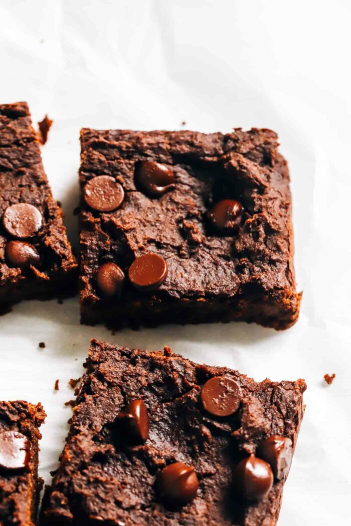 Chocolate Protein Chickpea Brownies- made with less than 10-ingredients, each brownie packs 5 grams of protein! (vegan, gluten-free, oil-free + refined sugar-free)