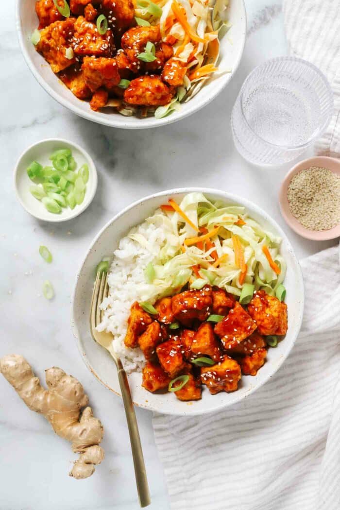 Gochujang Tofu Bowls- These Korean inspired bowls feature crispy baked tofu coated in a flavorful savory sauce. Served with sesame slaw and rice, it's a meal that will keep everyone coming back for more! (vegan + easily made gluten-free)