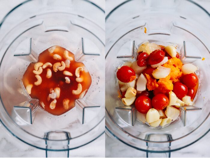 Butternut Squash Tomato Bisque- made with roasted butternut squash and tomatoes, this rich and creamy soup is easy to make and secretly dairy-free! (vegan, gluten-free)
