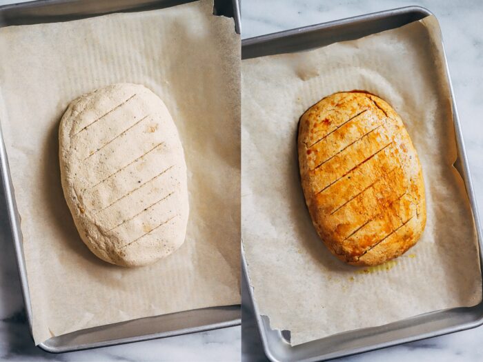Easy Vegan 'Turkey' Roast- easy to make and perfect to prep in advance for the holidays, this vegan turkey roast packs 12 grams of protein per slice! (gluten-free + soy-free option)