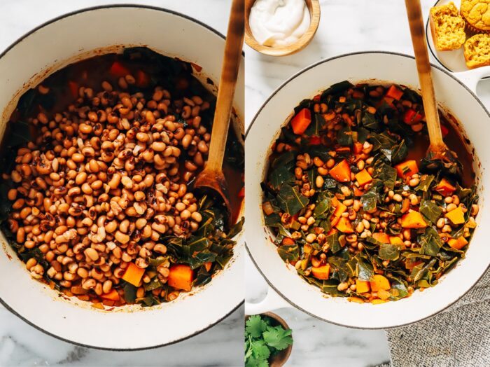Black Eyed Pea Sweet Potato Chili- made in one-pot, this hearty plant-based chili is the perfect way to get your peas and greens for the New Year! (vegan, gluten-free)