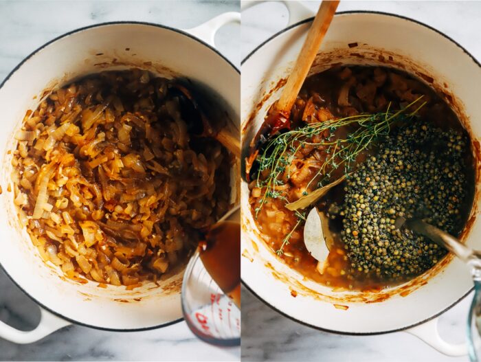 Vegan French Onion Soup with Lentils- a plant-based take on the classic French Onion Soup made with lentils for extra protein and fiber!