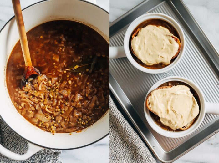 Vegan French Onion Soup with Lentils- a plant-based take on the classic French Onion Soup made with lentils for extra protein and fiber!