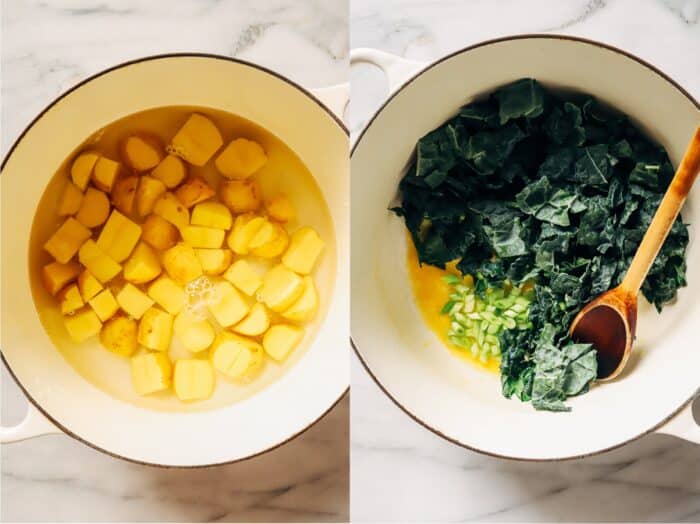 Vegan Colcannon- a plant-based take on an Irish classic featuring creamy mashed potatoes paired with sautéed kale and green onions. 