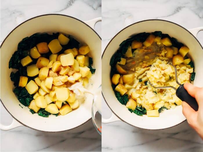 Vegan Colcannon- a plant-based take on an Irish classic featuring creamy mashed potatoes paired with sautéed kale and green onions. 