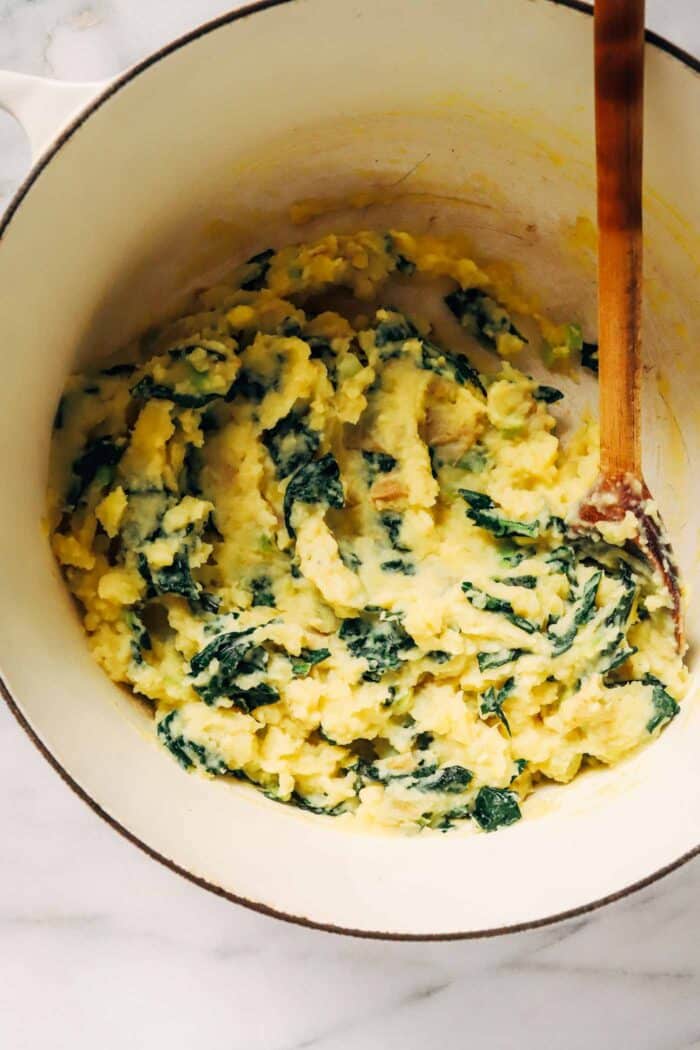 Vegan Colcannon- a plant-based take on an Irish classic featuring creamy mashed potatoes paired with sautéed kale and green onions. 
