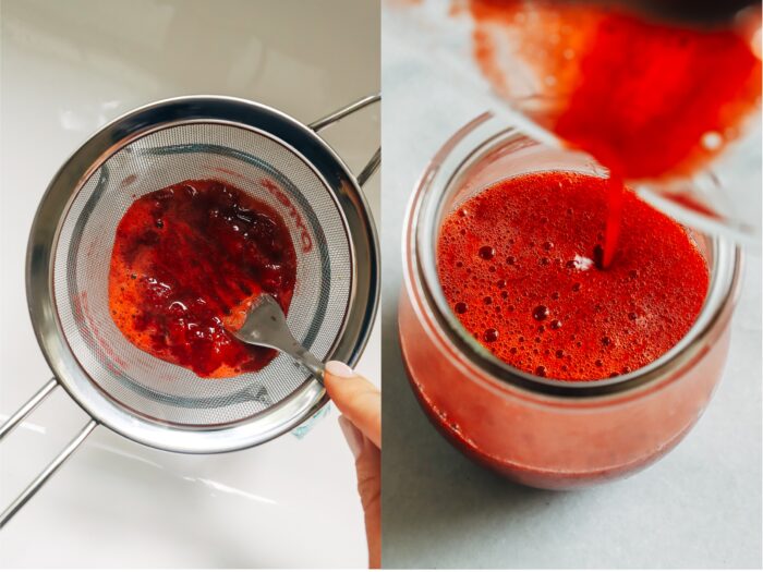 Made with just 3 ingredients, this strawberry syrup is naturally sweetened and refined sugar-free. Perfect for topping yogurt, oatmeal, pancakes, waffles, desserts and more! 