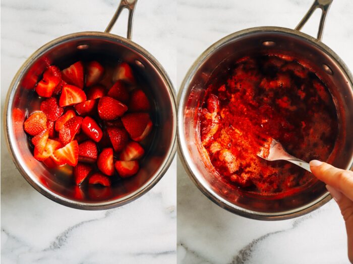 Made with just 3 ingredients, this strawberry syrup is naturally sweetened and refined sugar-free. Perfect for topping yogurt, oatmeal, pancakes, waffles, desserts and more! 