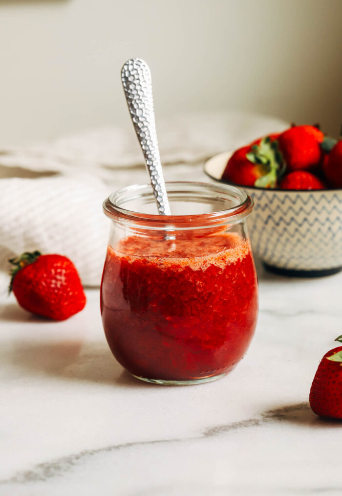 Made with just 3 ingredients, this strawberry syrup is naturally sweetened and refined sugar-free. Perfect for topping yogurt, oatmeal, pancakes, waffles, desserts and more! 