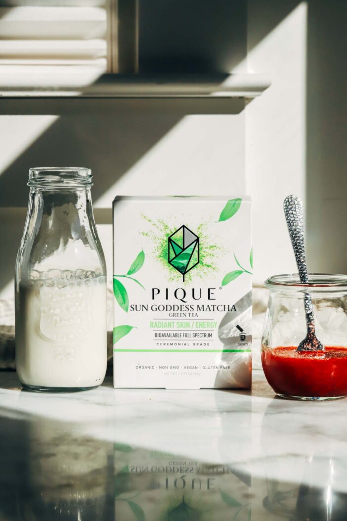 Naturally sweetened with strawberries and honey, this strawberry matcha latte is the perfect summertime drink! 