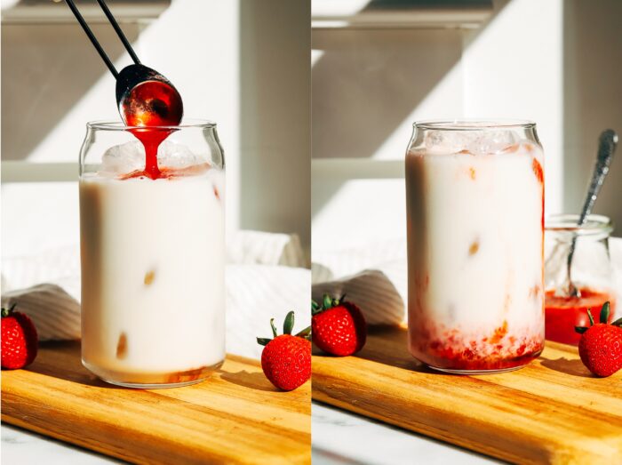 Naturally sweetened with strawberries and honey, this strawberry matcha latte is the perfect summertime drink! 
