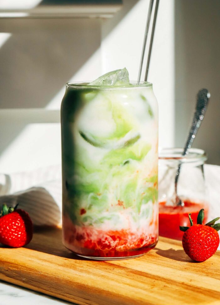 Naturally sweetened with strawberries and honey, this strawberry matcha latte is the perfect summertime drink! 