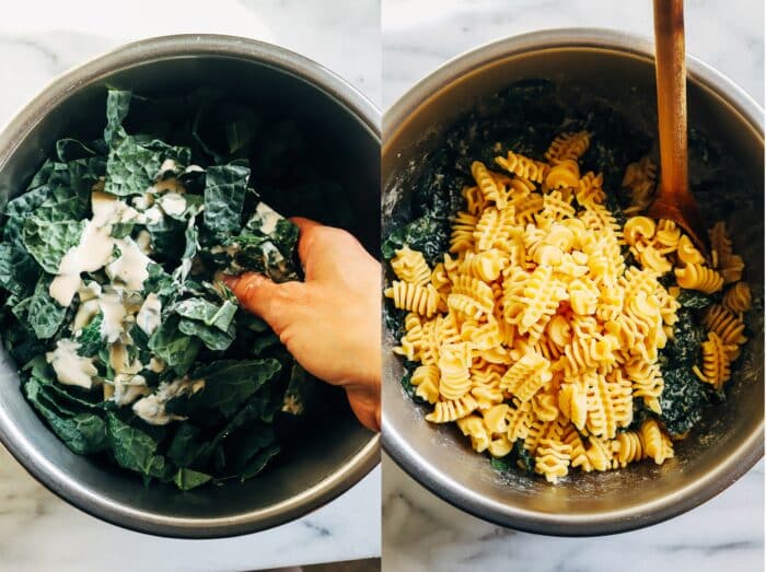 Kale Caesar Pasta Salad- made with a vegan tahini caesar dressing, this pasta salad is perfect for when you're craving a heartier version of a caesar salad! 