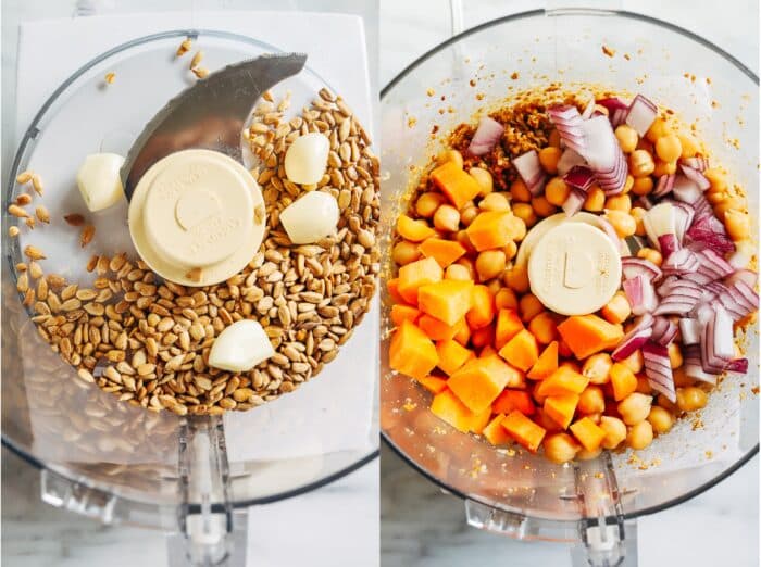 Buffalo Chickpea Burgers- Made with just 7-ingredients, these vegan and gluten-free chickpea burgers are packed with flavor. Perfect to prep for fiber-packed lunches or dinner! 
