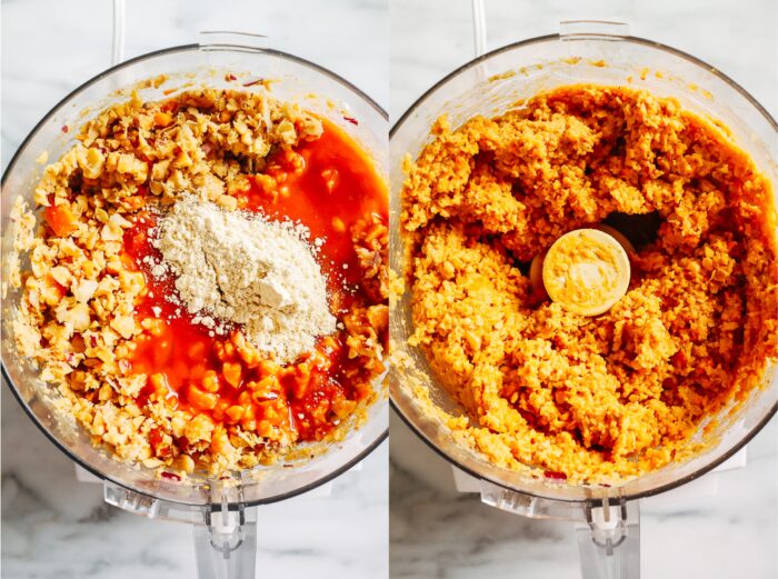 Buffalo Chickpea Burgers- Made with just 7-ingredients, these vegan and gluten-free chickpea burgers are packed with flavor. Perfect to prep for fiber-packed lunches or dinner! 