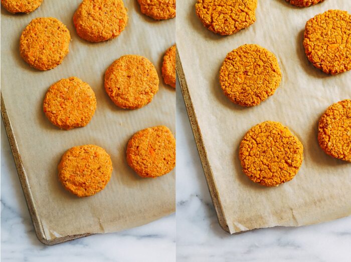 Buffalo Chickpea Burgers- Made with just 7-ingredients, these vegan and gluten-free chickpea burgers are packed with flavor. Perfect to prep for fiber-packed lunches or dinner! 