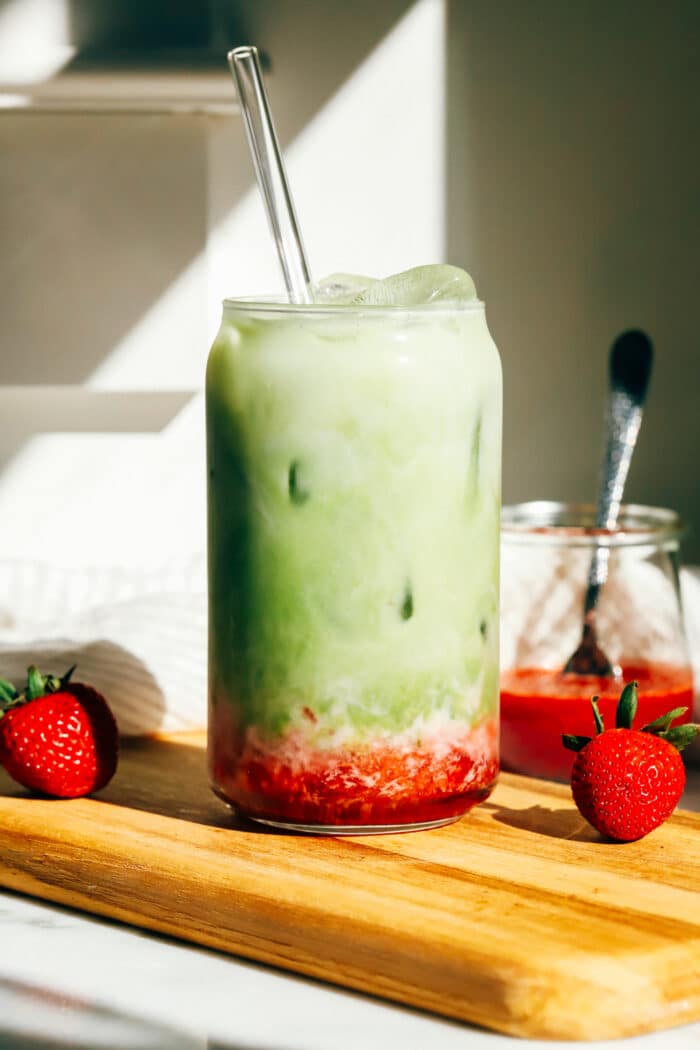 Naturally sweetened with strawberries and honey, this strawberry matcha latte is the perfect summertime drink! 
