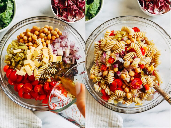 Italian Chopped Pasta Salad- Packed with vibrant crisp vegetables and delicious briny flavor, this Italian pasta salad is the perfect summertime meal. It holds up up for several days, making it great to prep for healthy lunches or gatherings! (vegan + gluten-free)